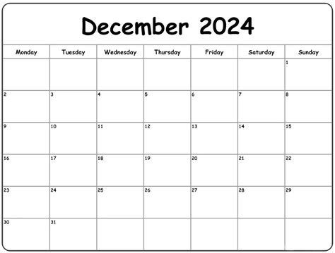 December 2024 Blank Printable Calendar Cable Squats