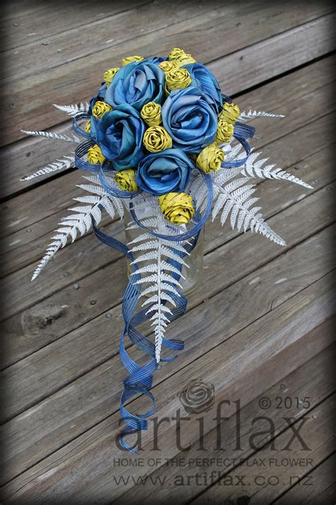 Blue Full Bloom Flax Flowers With Yellow Flax Woven Rose Buds With