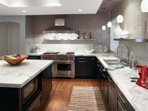 Several layers are bonded in the making of laminate under heat and pressure which glued to particle plywood or board. Elegant and stylish Formica countertops in modern kitchen ...