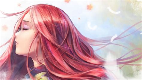 Wallpaper Anime Girl Redhead Closed Eyes Feathers Windy Profile