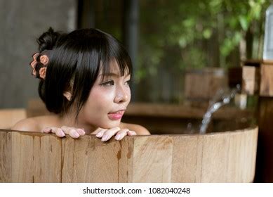 Onsen Series Asian Woman Relaxing Wooden Stock Photo 1082040248