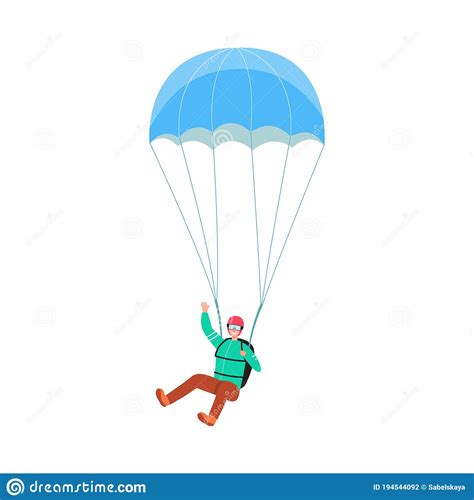 Cartoon Man Flying With Blue Parachute And Waving Stock Vector