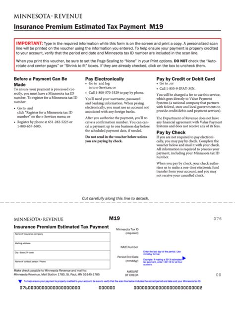 Auto (car), home, renters, life, disability, health, umbrella, boats, business insurance and others. Fillable Form M19 - Insurance Premium Estimated Tax Payment - Minnesota Department Of Revenue ...