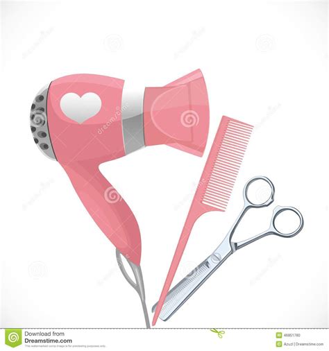 Pink Hair Dryer With Concentrator Scissors And Comb Stock Vector