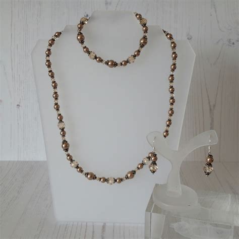 Crystal Bronze Pearl Necklace Bracelet And Ear Folksy