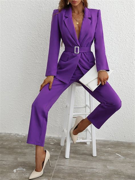 Violet Purple Elegant Collar Long Sleeve Plain Embellished Non Stretch Women Clothing Lila