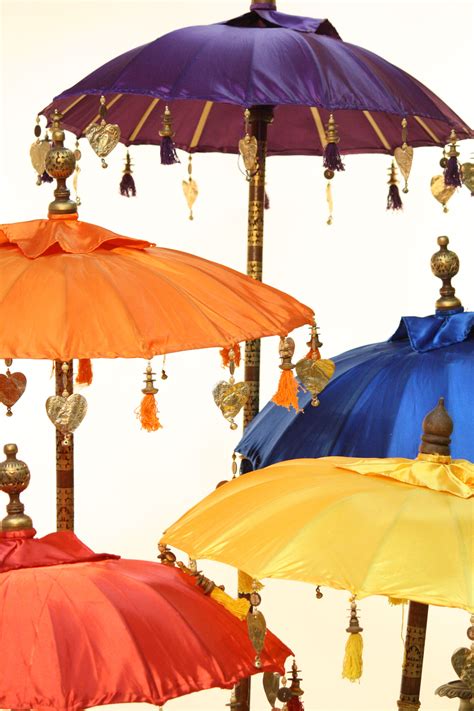 Brightly Coloured Silky Indian Parasols With Tassle Bead And Copper Embellishments Alice In