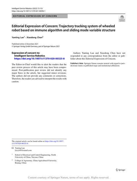 Editorial Expression Of Concern Trajectory Tracking System Of Wheeled