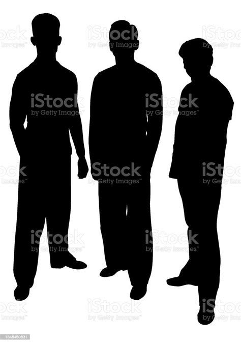Silhouettes Of Three Men Standing In Relaxed Poses Stock Illustration
