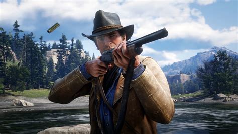 Arthur Morgan With Gun In Background Of Trees Mountain And Sky With