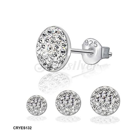 925 Sterling Silver Clear Crystal Round Flat Stud Earrings Stud