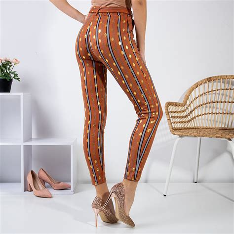 hnědé dámské kalhoty s barevnými pruhy oblečení hnědá royal fashion cz online obchod s obuví