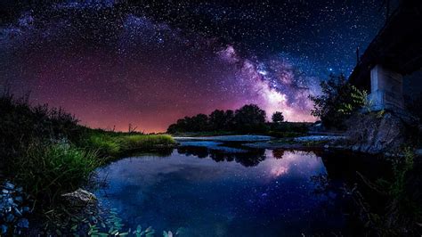 Nature Sky Milky Way Reflection Starry Night Night Water
