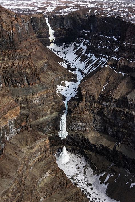 Aerial View Of Frozen Waterfalls In Deep Canyon Russia Photograph By