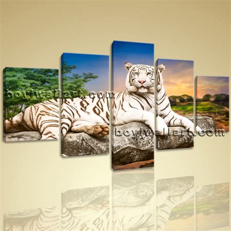 Large White Tiger Wall Art Painting Photography Dining Room Five Panels