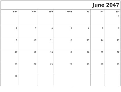 June 2047 Printable Blank Calendar
