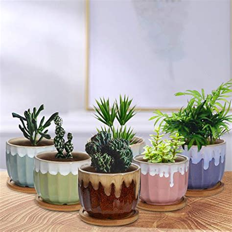 Ceramic Succulent Planter Pots Included Bamboo Trays 6 Pack 35 Inch