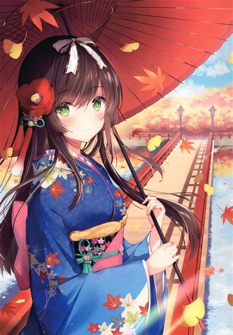 Safebooru 1girl Absurdres Autumn Leaves Bangs Blue Sky Bow Brown Hair Closed Mouth Clouds