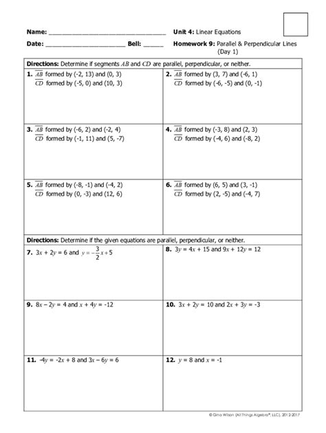 Fillable Online Unit 4 Linear Equations Homework 9 Parallel And Fax