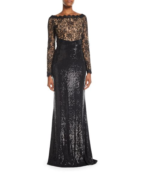 Tadashi Shoji Long Sleeve Lace Sequin Gown W Train Neiman Marcus