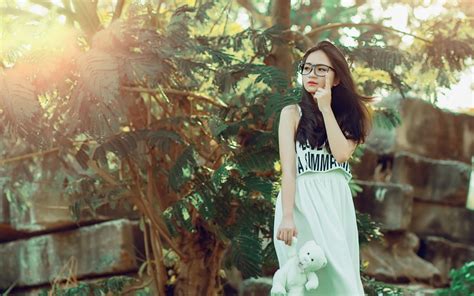 Wallpaper Sunlight Forest Model Women With Glasses Asian Teddy