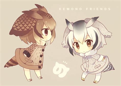 2girls Anthropomorphism Blush Brown Eyes Brown Hair Chibi Eurasian Eagle Owl Kemono Friends