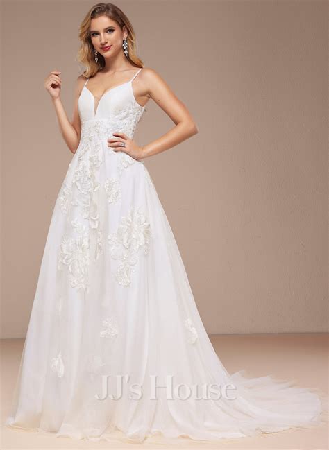Ball Gownprincess V Neck Court Train Lace Tulle Wedding Dress With