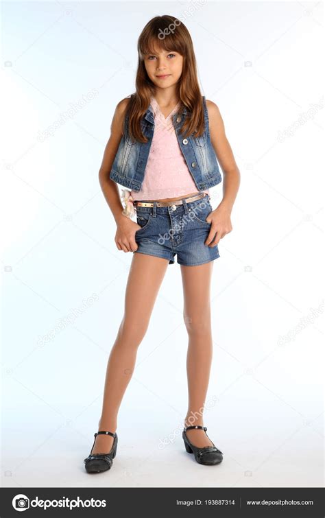 Beautiful Girl Denim Shorts Standing Full Length Elegant Attractive