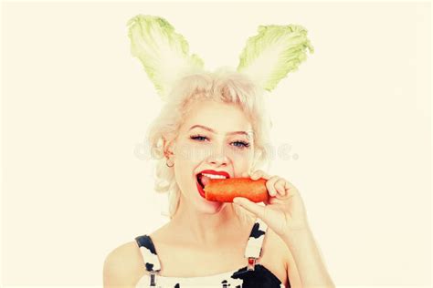 Surprised Bunny Woman Eat Carrot Happy Easter And Funny Easter Day