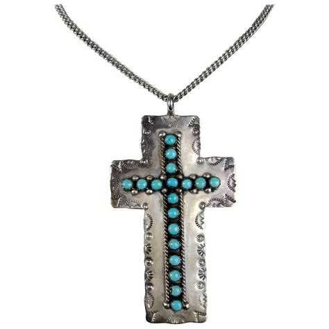 ZUNI Cross Pendant Native American Sterling Silver Dishta Turquoise