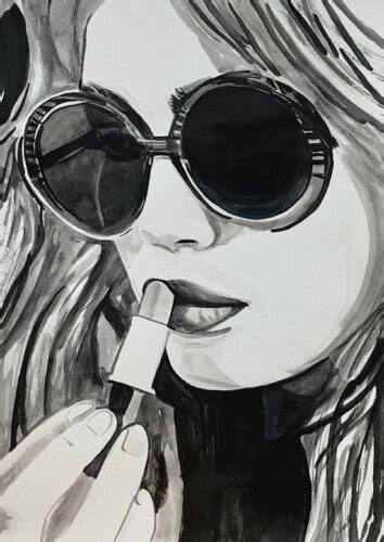 Girl With Lipstick 71 5 X 50 5 Cm By Alexandra Djokic 2022 Drawing India Ink On Paper