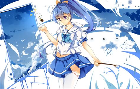 Uniforms School Uniforms Blue Hair Feathers Thigh Highs Ponytails