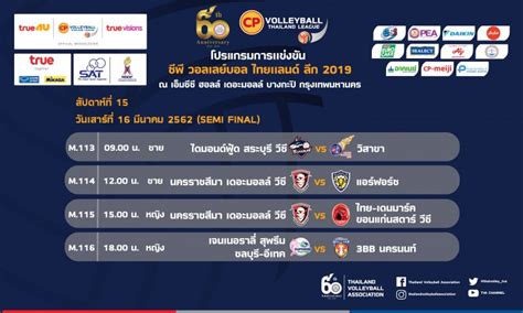 การแข่งขัน ซีพี วอลเลย์บอลไทยแลนด์ลีก ครั้งที่ 15 ฤดูกาล 2020 วันที่ 26 มกราคม 2563 สนามเอ็มซีซี ฮอลล์ เดอะมอลล์ บางกะปิ. โปรแกรมการแข่งขันวอลเลย์บอลไทยแลนด์ลีก 2018-19 รอบ Final4 ...