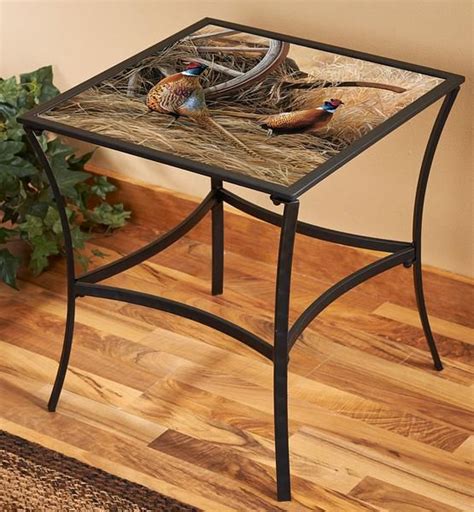 Inventory and pricing at your store. 5373770511: Autumn Glow-Pheasants Metal & Glass Accent Table by Rosemary Millette | Glass top ...