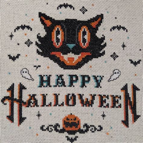Vintage Happy Halloween Cross Stitch Pattern Cat Beistle Pumpkin