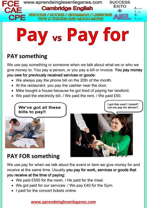 Pay Vs Pay For Learn English Learn English Vocabulary English Words