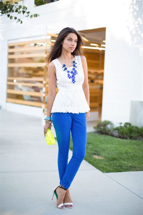 Cobalt Blue Pants With Cobalt Blue Necklace Ans White Top Spring Summer