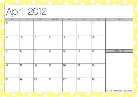 Free Printable April 2012 Calendar With To Do List The Organised