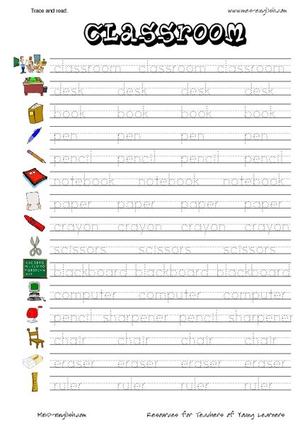 Esl Vocabulary Trace And Read Classroom Worksheet For 2nd 3rd Grade