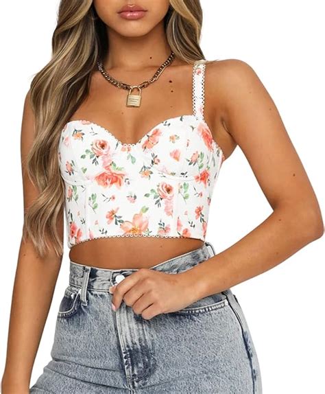 women s spaghetti strap bustier crop tops floral sexy v neck sleeveless camisole tank tops e