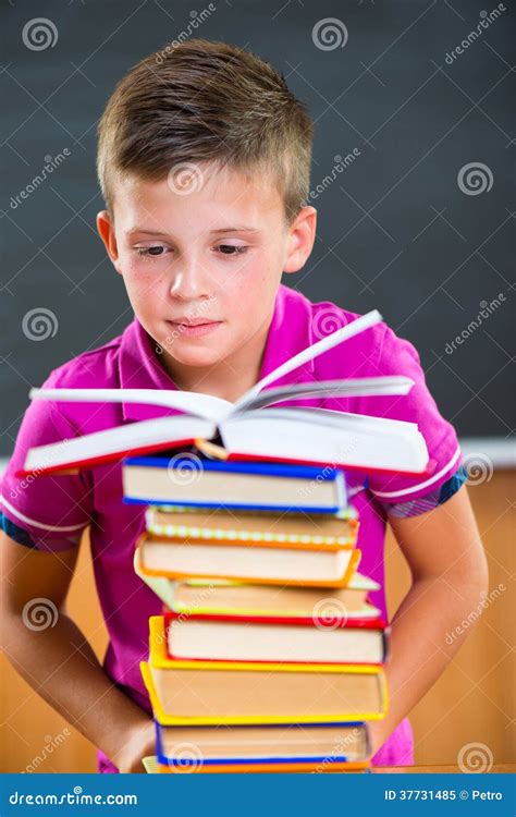 Adorable Schoolboy With Stack Of Books Stock Image Image Of Homework