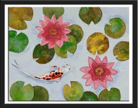Koi Fish With Water Lilies Oil On Canvas Board Landscape Am
