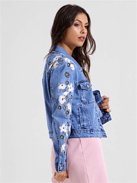Womens Size Embroidered Denim Jacket Floral Jean Jackets