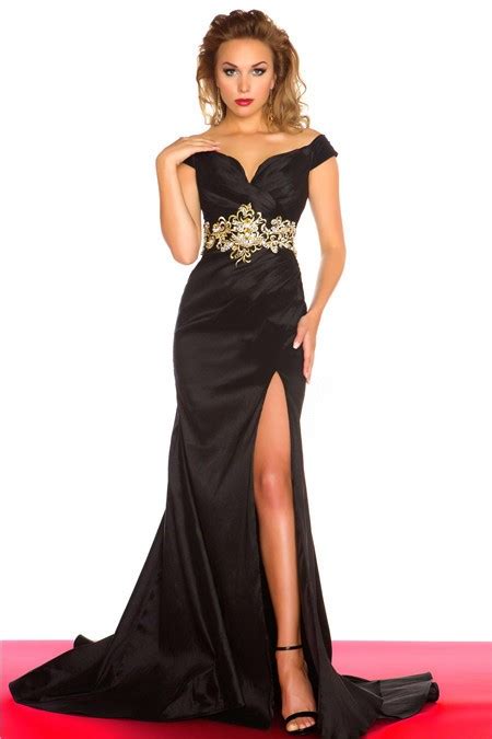 Sexy Mermaid Off The Shoulder Long Black Satin Beaded Evening Prom Dress Slit