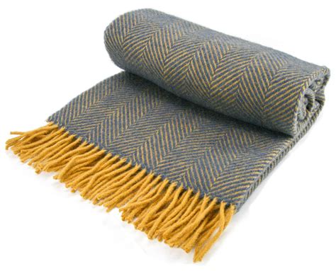 Herringbone Pure New Wool Throw Navymustard Wool Blanket Online