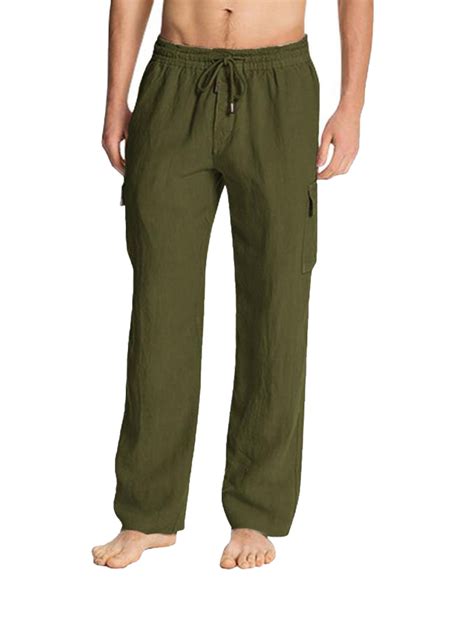 Mens Plus Size Linen Pants Casual Elastic Waist Drawstring With