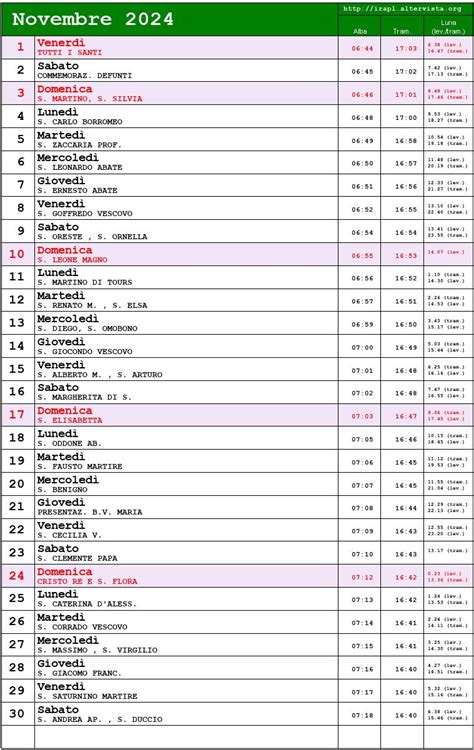 Calendario Novembre 2024 Con Festività E Fasi Lunari