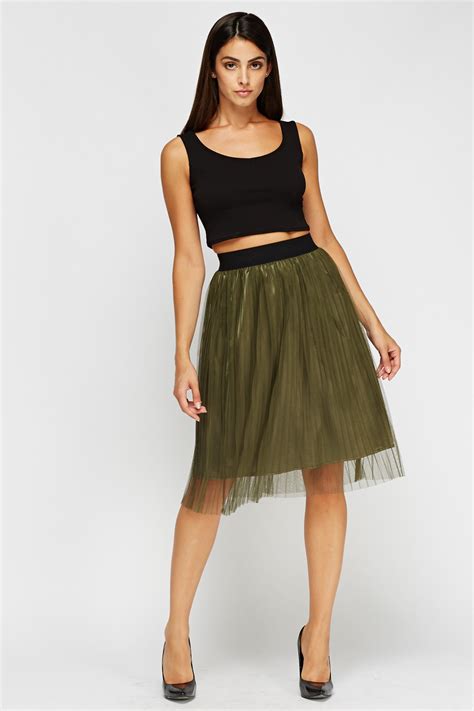 Pleated Mesh Overlay Midi Skirt Just 7
