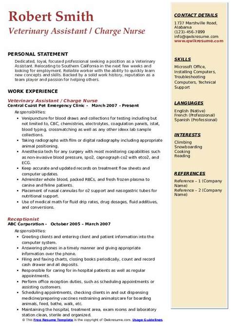 Veterinary assistant job description including job duties, education, training and certification. Veterinary Assistant Resume Samples | QwikResume