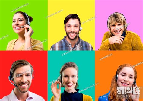 Call Center Customer Service People In Colorful Square Sections Stock
